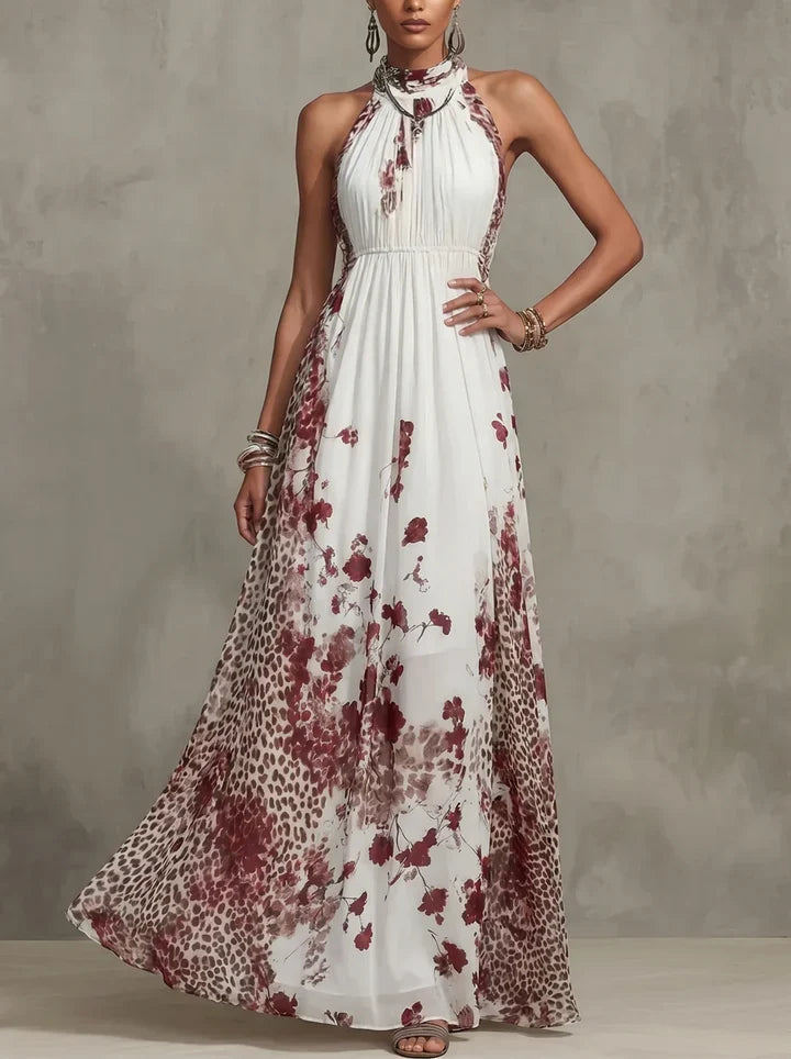 White Halter Neck Floral Leopard Print Sleeveless Pleated Maxi Dress