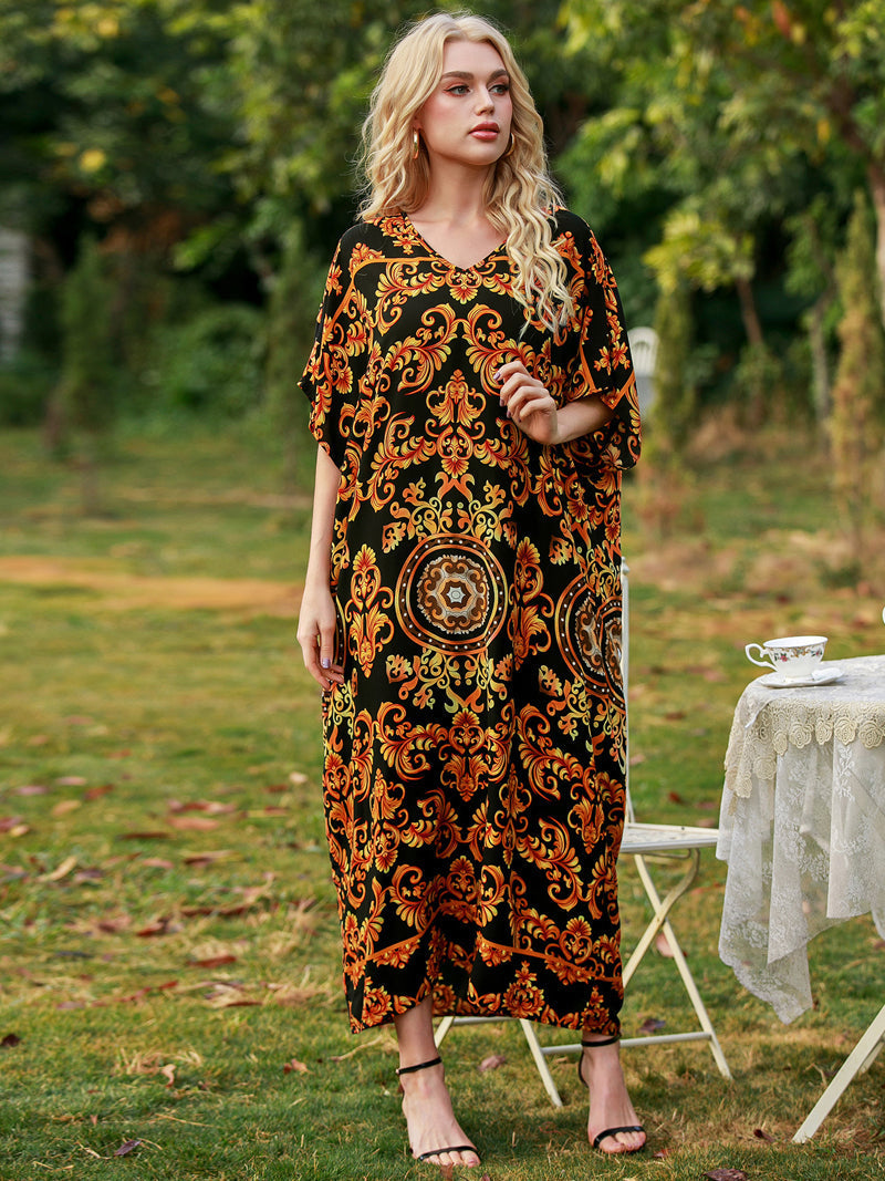 Yellow V-Neck Baroque Print Batwing Sleeve Loose Kaftan Maxi Dress