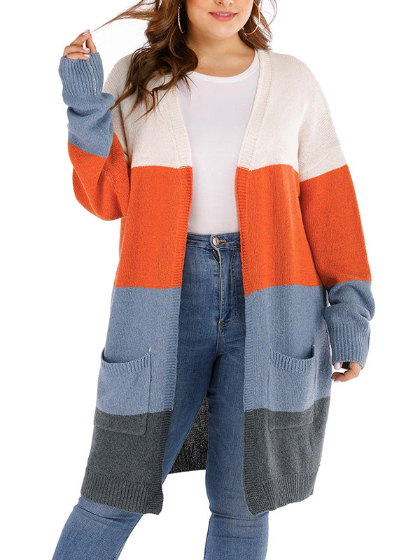 Multi Color Open Front Color Block Long Sleeve Patch Pocket Knit Cardigan