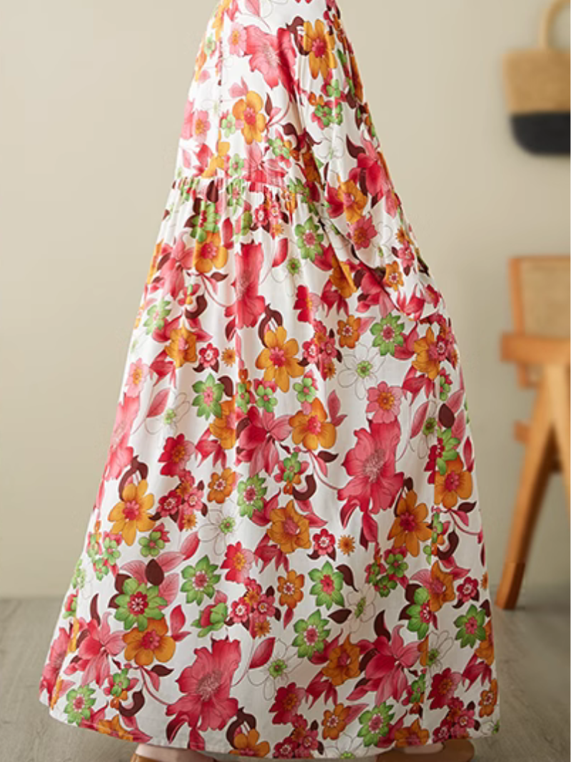 Round Neck Floral Print Long Sleeve Loose Smock Maxi Dress