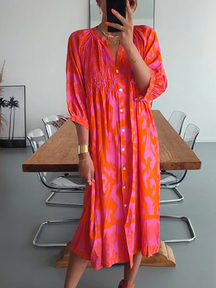 Hot Pink and Orange Print Shirred Button Front Midi Dress