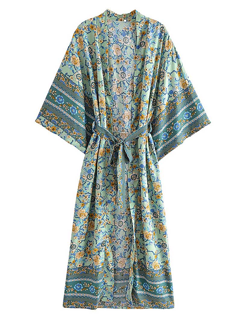 Green Tie Waist Boho Floral Print Long Kimono Robe
