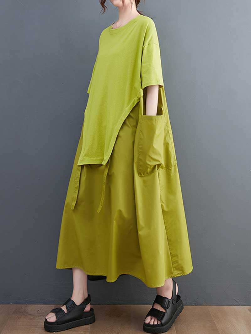 Round Neck Short Sleeve Layered Asymmetric Loose A-Line Midi Dress 3