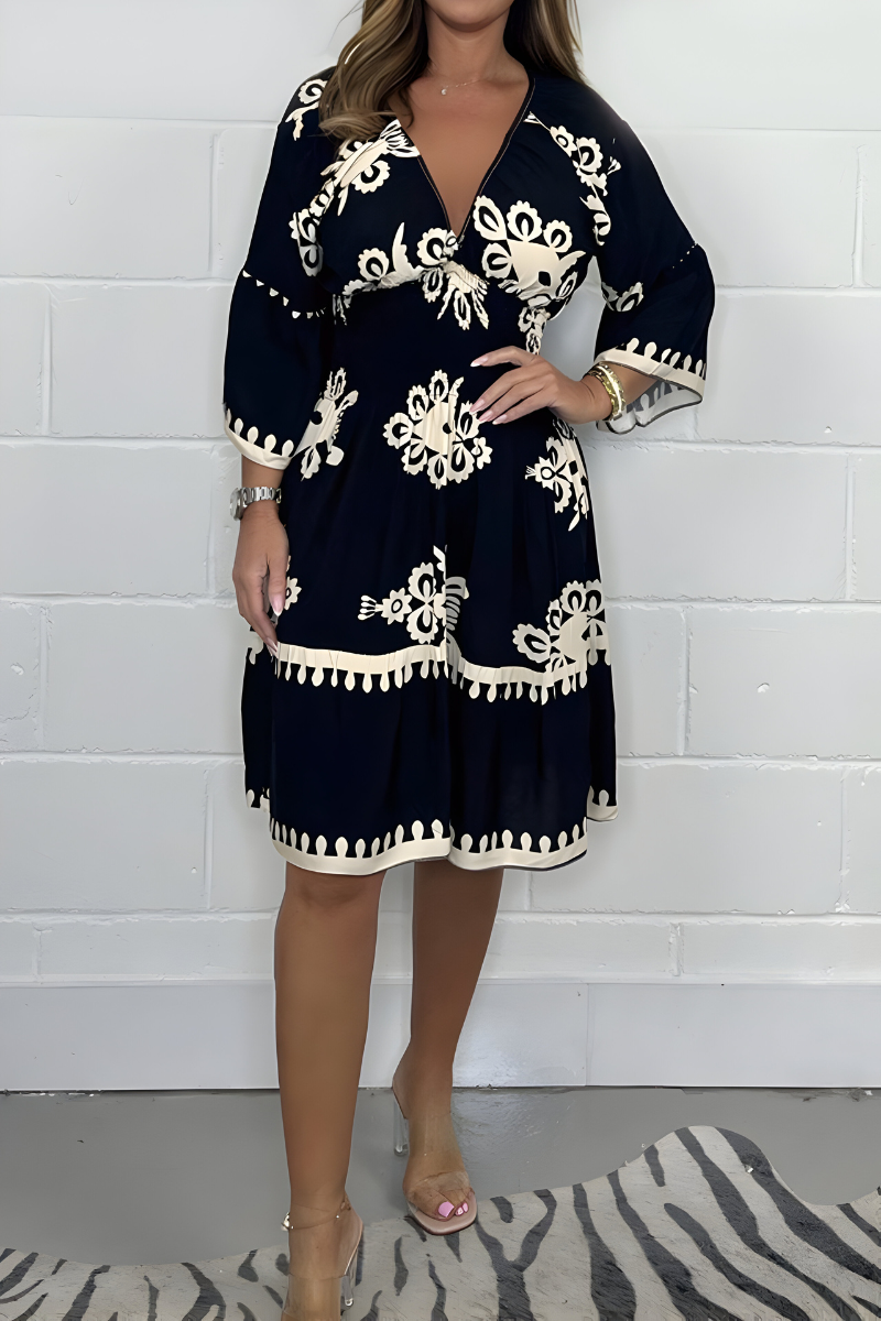 V-Neck Flare Sleeve Baroque Print Scallop Trim Tiered Midi Dress