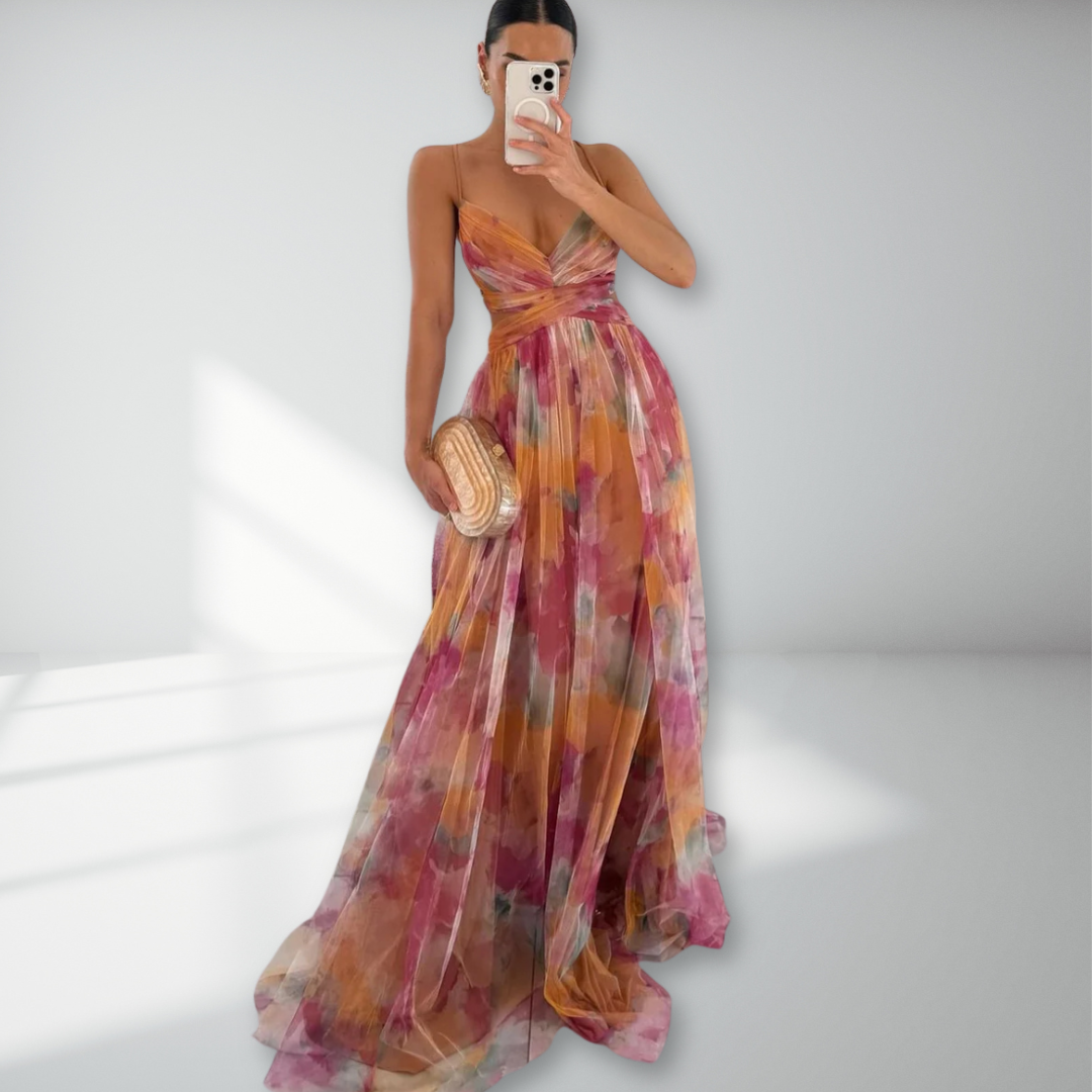 Spaghetti Strap V-Neck Floral Tulle Ruched Waist A-Line Maxi Dress