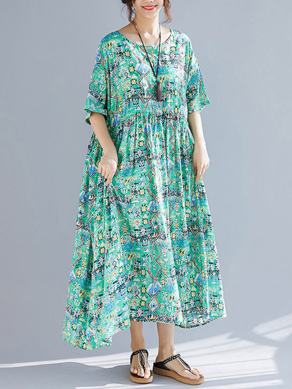Multi Color Round Neck Geometric Print Batwing Sleeve Loose Smock Maxi Dress