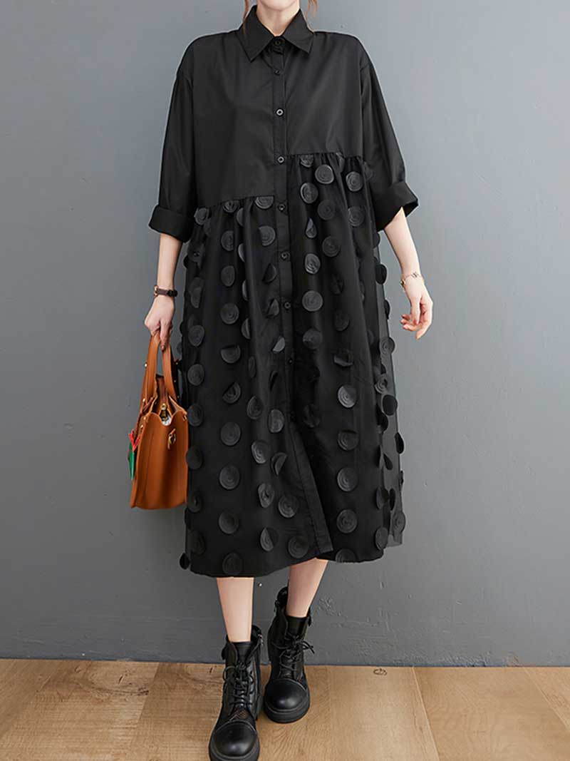 Black Collared Button Front Textured Dot Loose Midi Dress