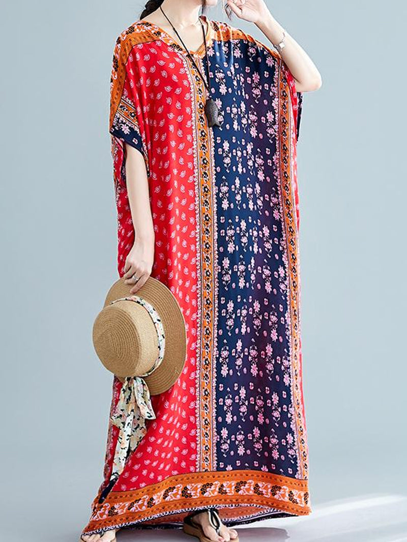 Red V-Neck Short Sleeve Bohemian Floral Patchwork Loose Kaftan Maxi Dress