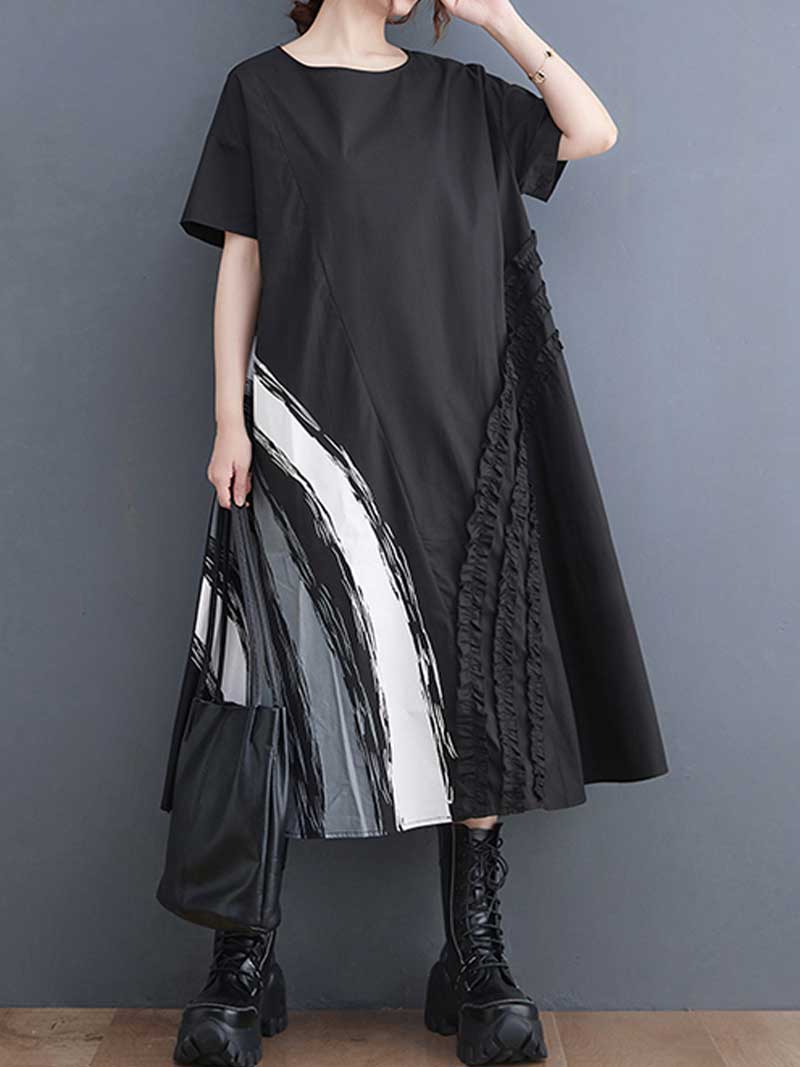 Black Round Neck Short Sleeve Ruffle Trim Contrast Panel Loose Midi Dress