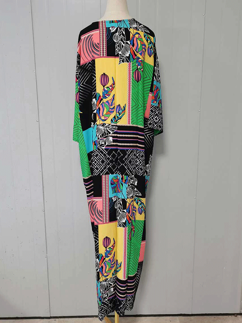 Black Abstract Print Open Front Wide Sleeve Long Duster Kimono 2