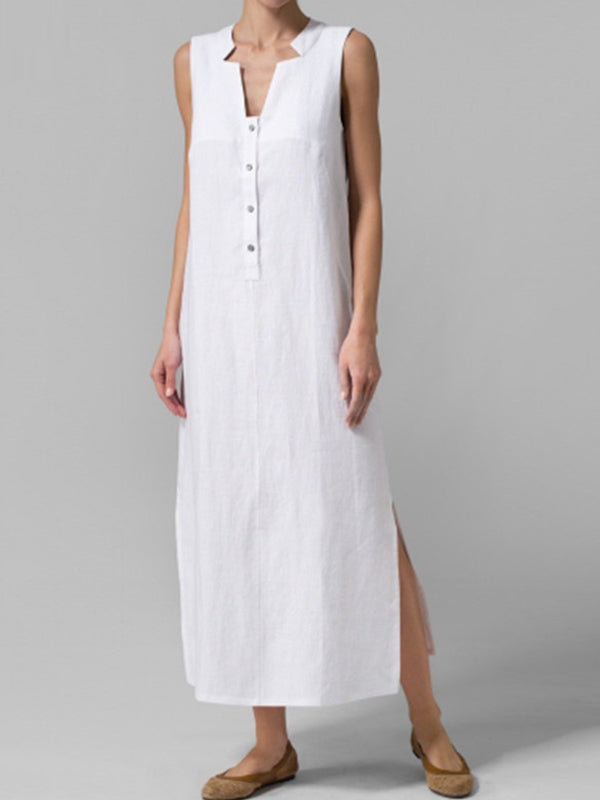 V-Neck Half Button Sleeveless Side Slit Linen Maxi Dress