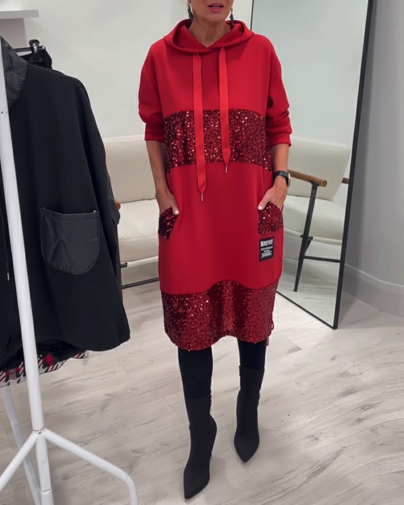 Hooded Drawstring Sequin Patchwork Panel Pocket Sweatshirt Midi Dress