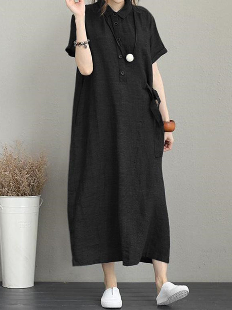 Collared Button Placket Short Sleeve Linen Shirt Maxi Dress