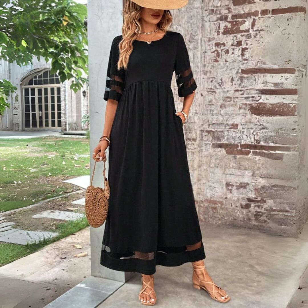 Round Neck Mesh Panel Sleeve Empire Waist Pocket A-Line Maxi Dress
