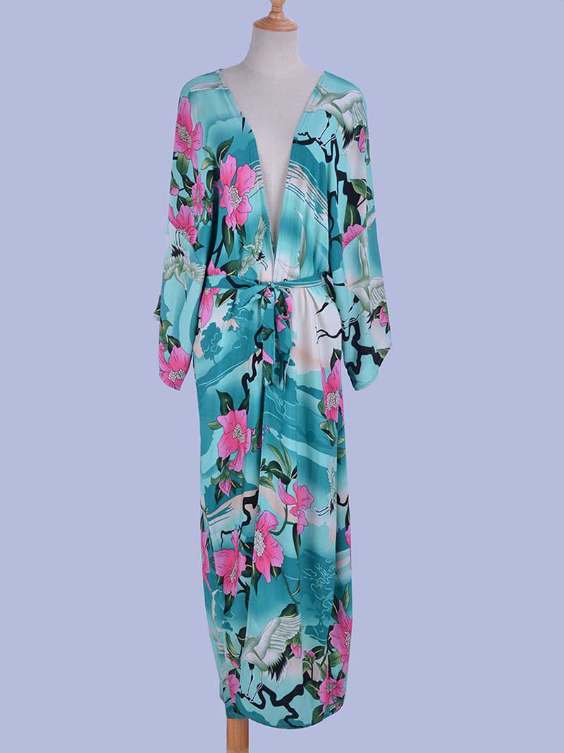 Green Tie Waist Floral Crane Print Long Kimono Robe
