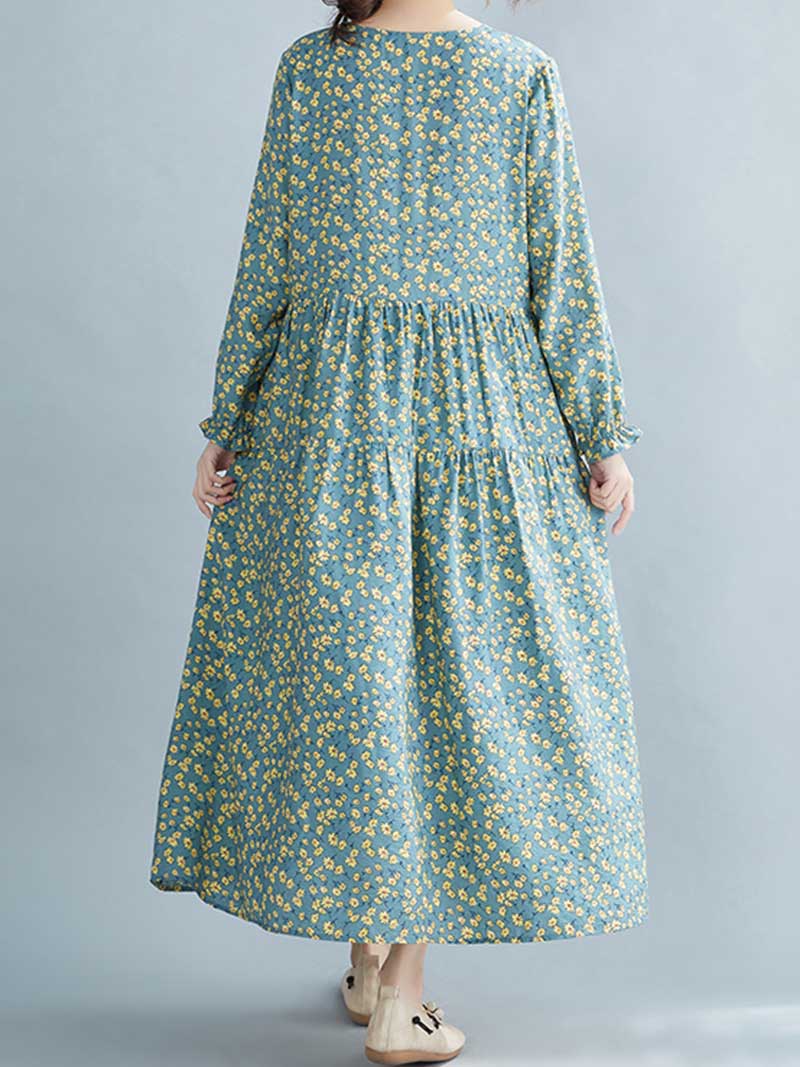 Green Round Neck Long Sleeve Ditsy Floral Print Tiered Midi Dress 2