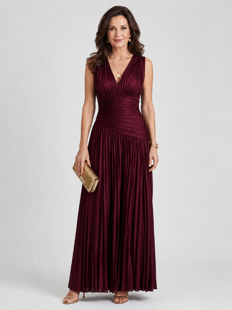 V-Neck Sleeveless Ruched Pleated Bodice Maxi Gown