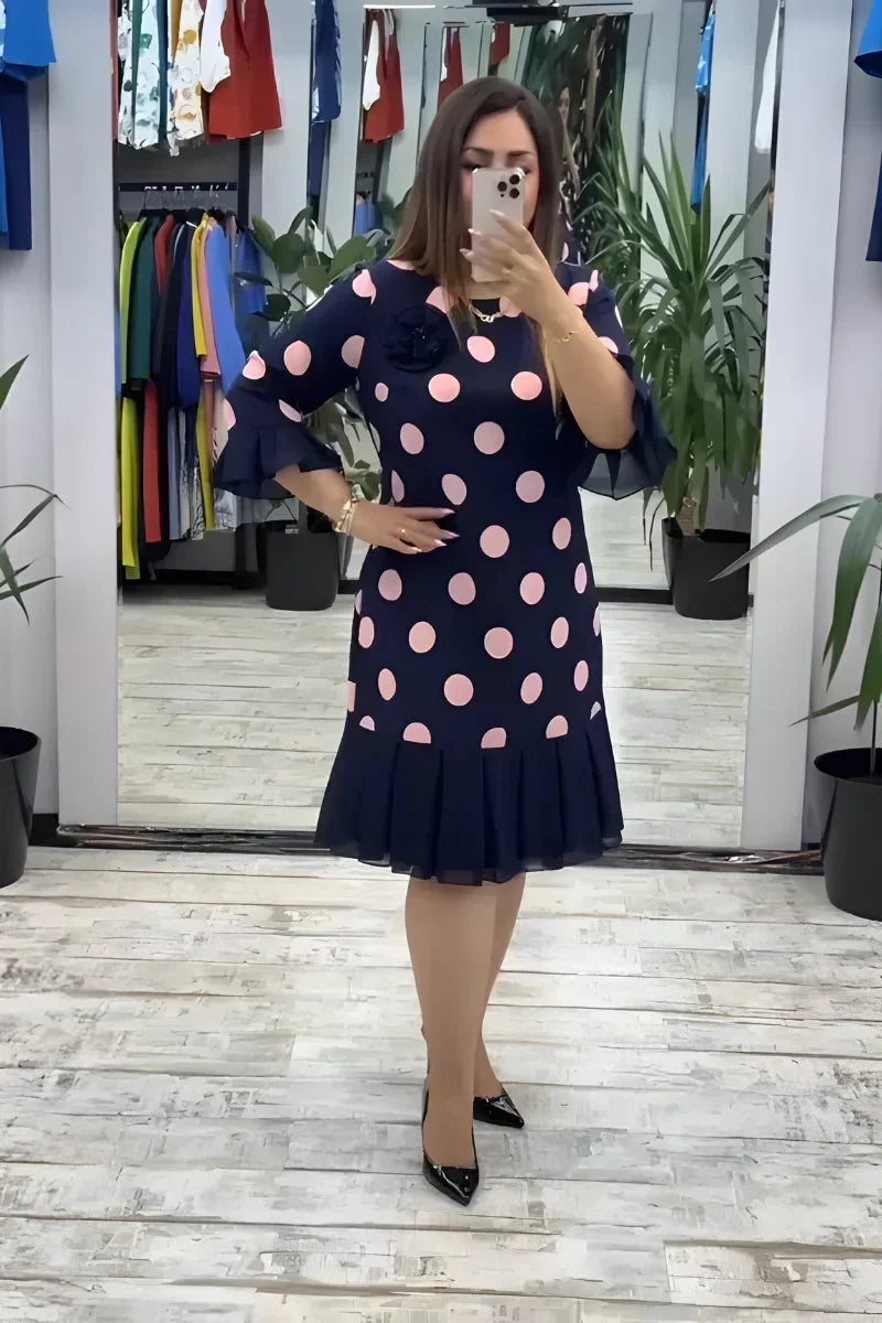 Round Neck Flare Sleeve Polka Dot Ruffle Hem Shift Midi Dress