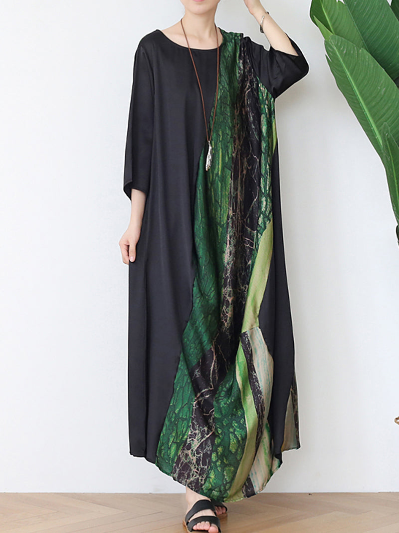 Round Neck Batwing Sleeve Abstract Print Shift Maxi Dress