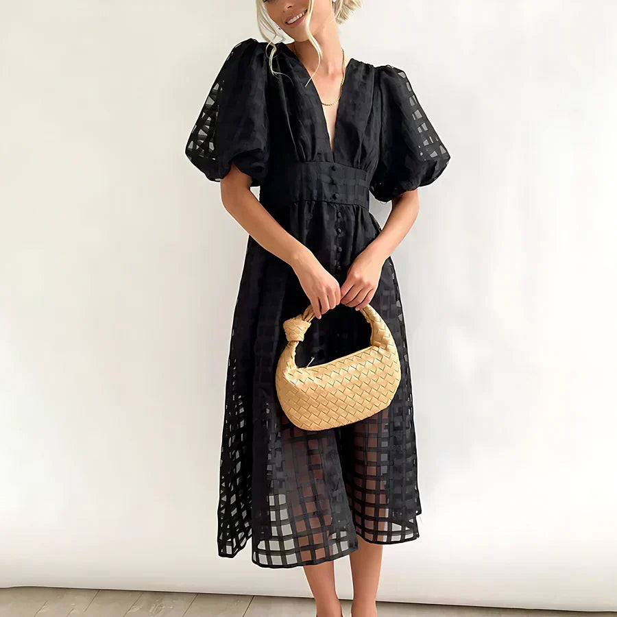 V-Neck Puff Sleeve Sheer Organza Grid A-Line Midi Dress