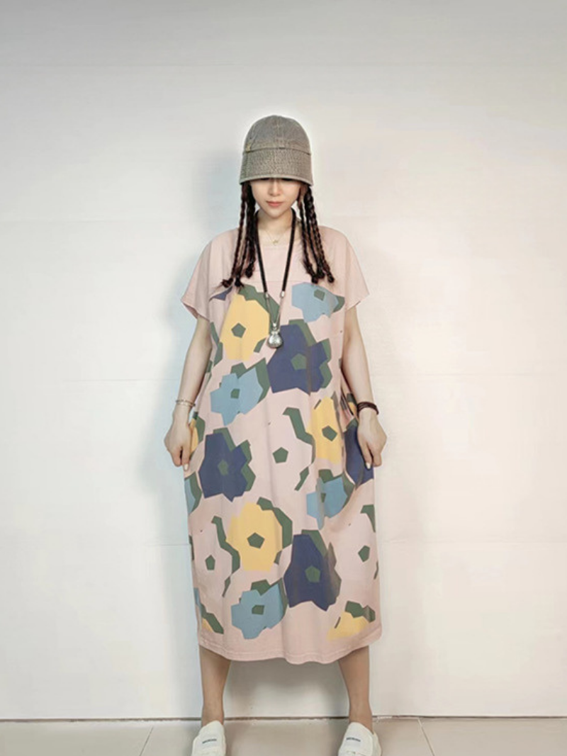 Round Neck Abstract Floral Print Short Sleeve Loose Cocoon Midi Dress 3