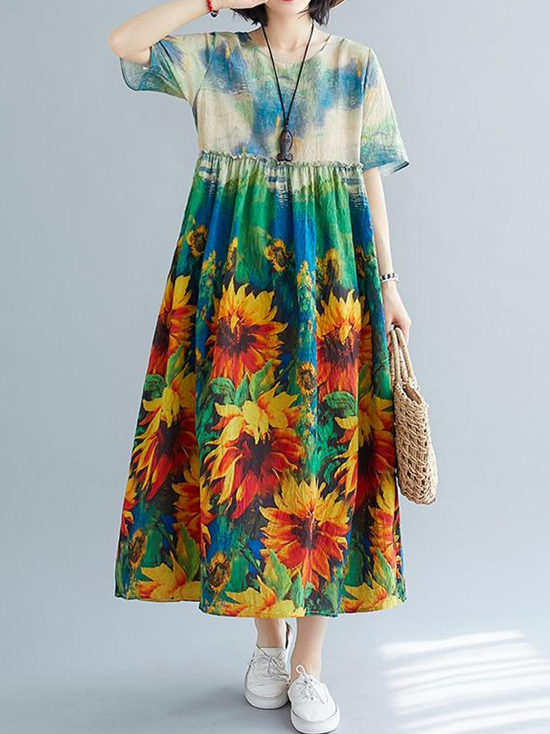Multi Color Round Neck Sunflower Print Short Sleeve Pleated Smock Midi Dress