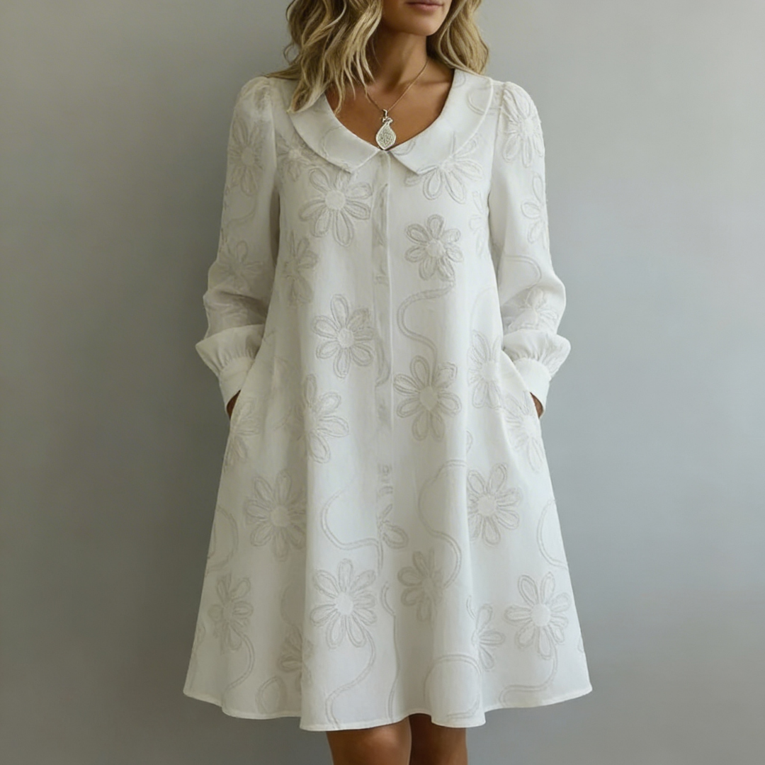 Peter Pan Collar Floral Jacquard Long Sleeve Shift Mini Dress