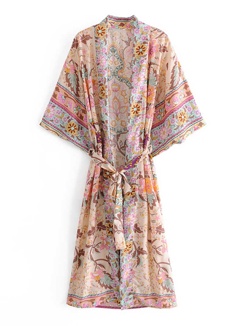 Beige Paisley Floral Print Border Trim Tie Waist Long Kimono