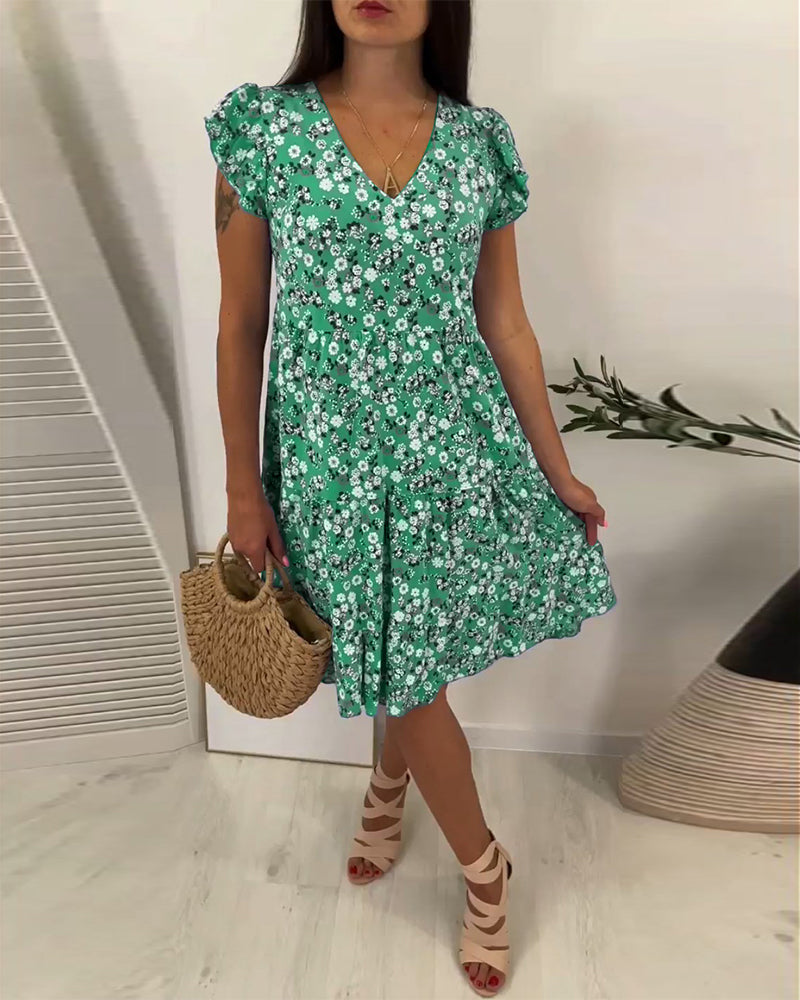 V-Neck Ditsy Floral Print Petal Sleeve A-Line Midi Dress