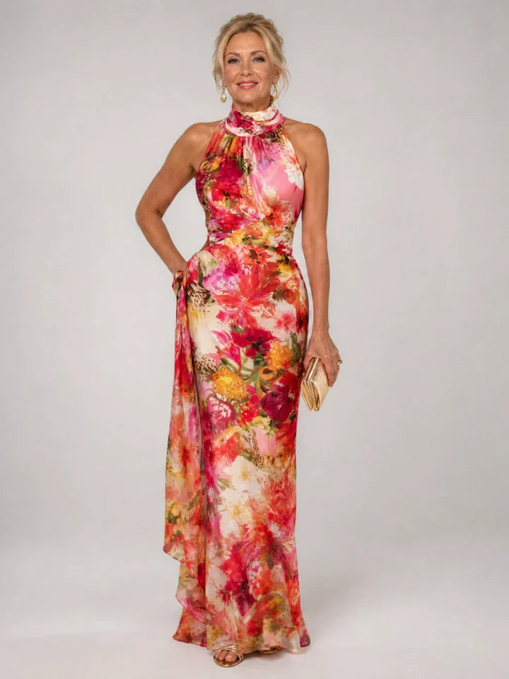 Floral Halter Neck Floral Print Draped Chiffon Maxi Gown