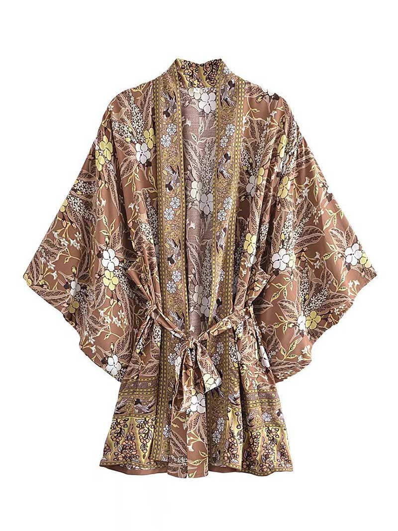 Coffee Floral Print Batwing Sleeve Tie Waist Short Kimono Robe