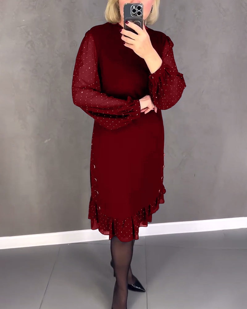 Round Neck Dot Mesh Sleeve Ruffle Hem Shift Midi Dress 15