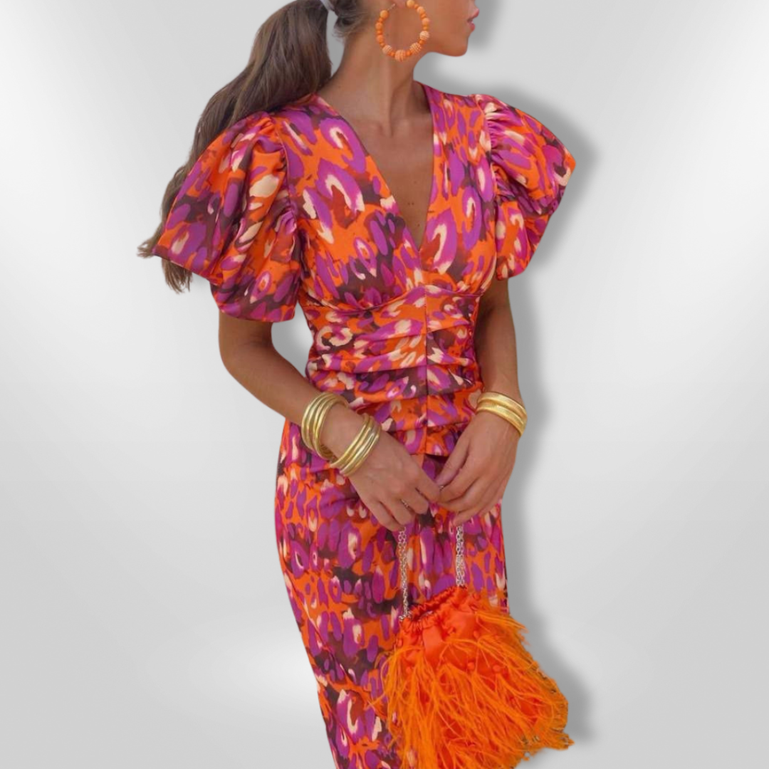 V-Neck Abstract Print Puff Sleeve Ruched Bodycon Maxi Dress 5