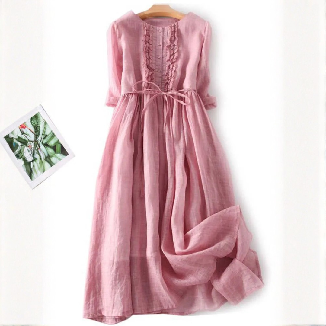Round Neck Ruffle Placket Roll Sleeve Drawstring Linen Maxi Dress