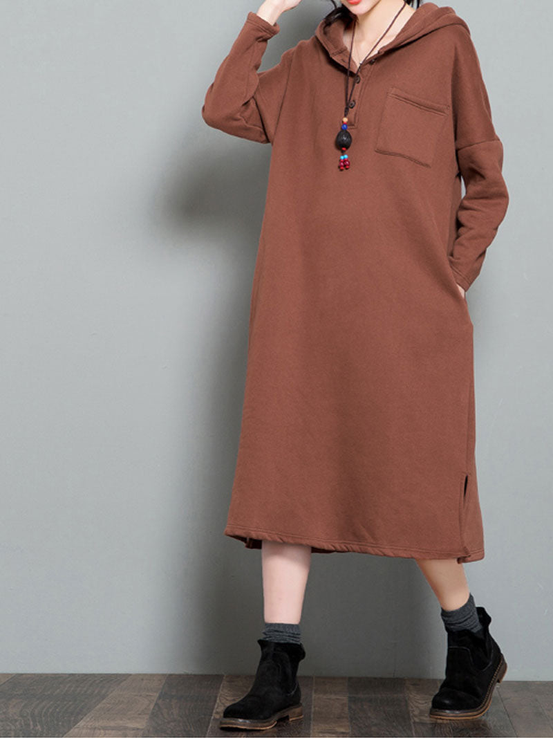 Hooded Long Sleeve Patch Pocket Loose Sweatshirt Midi Dress