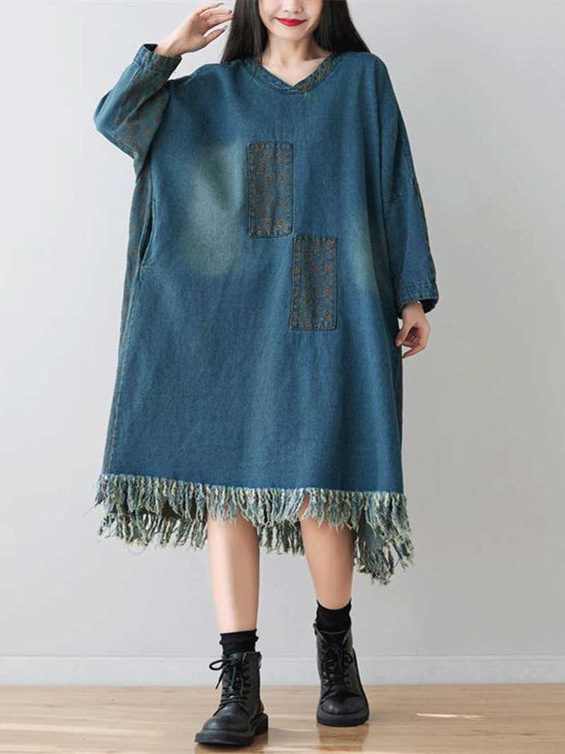 V-Neck Patch Pocket Denim Long Sleeve Frayed Tassel Hem Midi Dress 8
