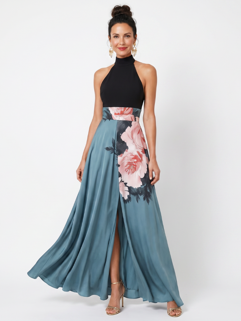 Multicolor Halter Neck Floral Print High Slit Maxi Gown
