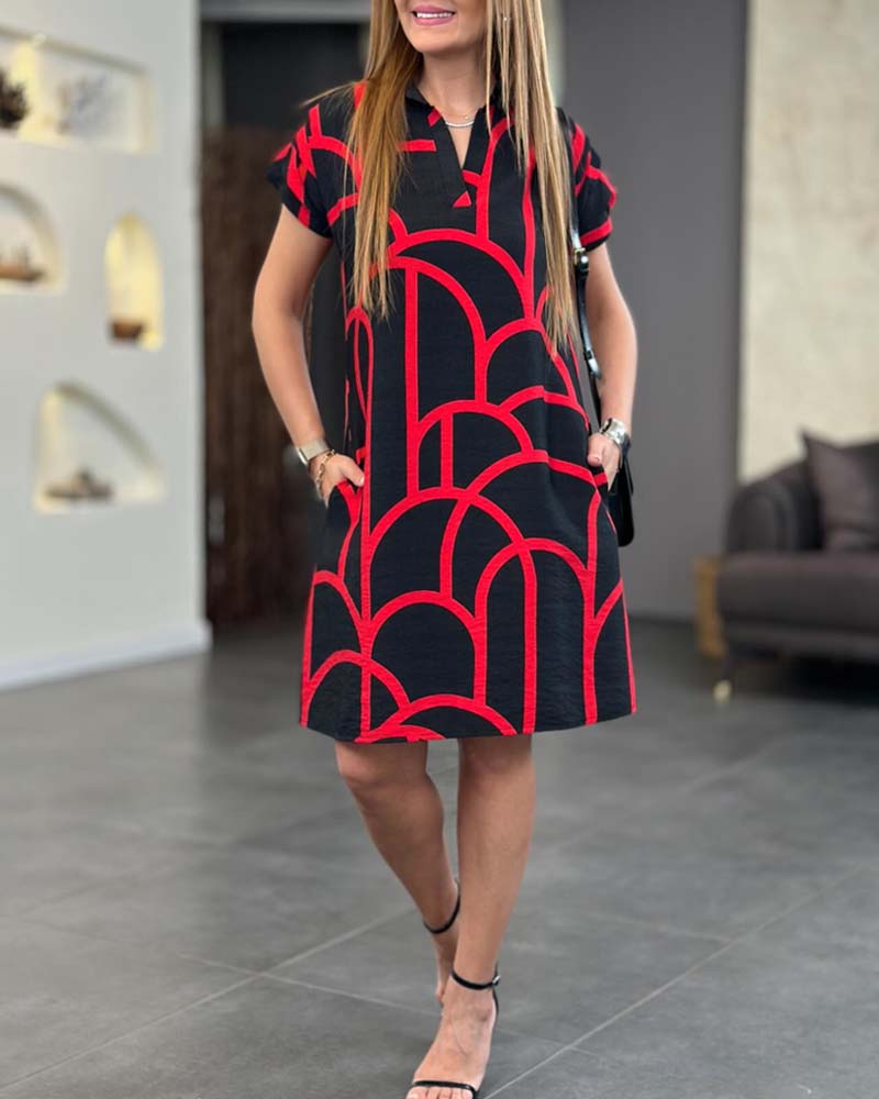 Collared Short Sleeve Geometric Print Shift Midi Dress 2
