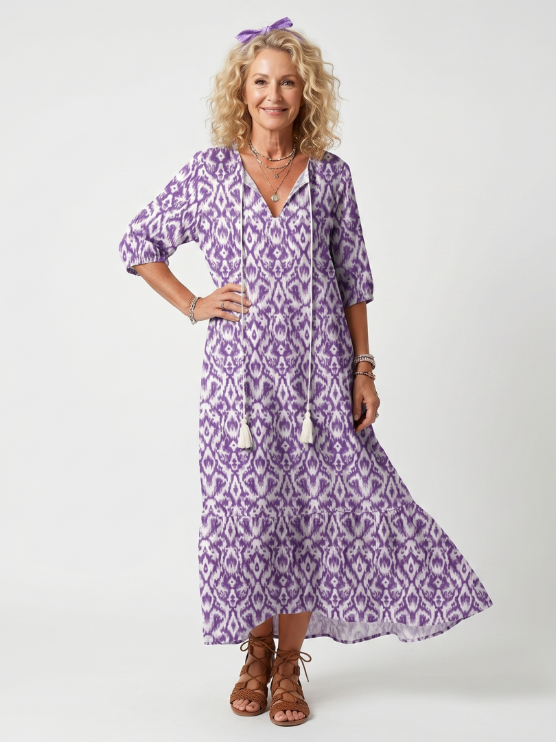 Purple Tassel Tie Neck Ikat Print Three Quarter Sleeve Tiered Maxi Dress