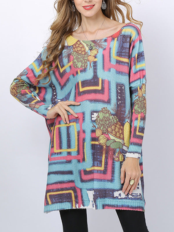 Multi Color Boat Neck Long Sleeve Abstract Geometric Print Knit Sweater