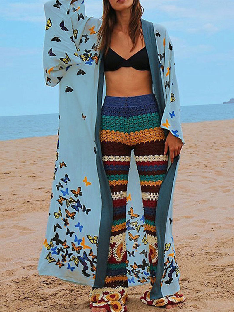 Blue Butterfly Print Contrast Trim Open Front Long Kimono Robe