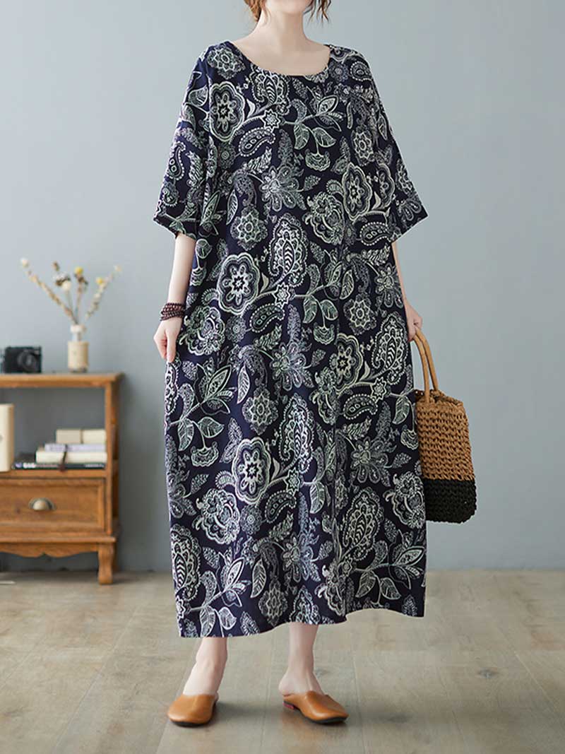 Navy Blue Round Neck Paisley Floral Print Short Sleeve Loose Maxi Dress