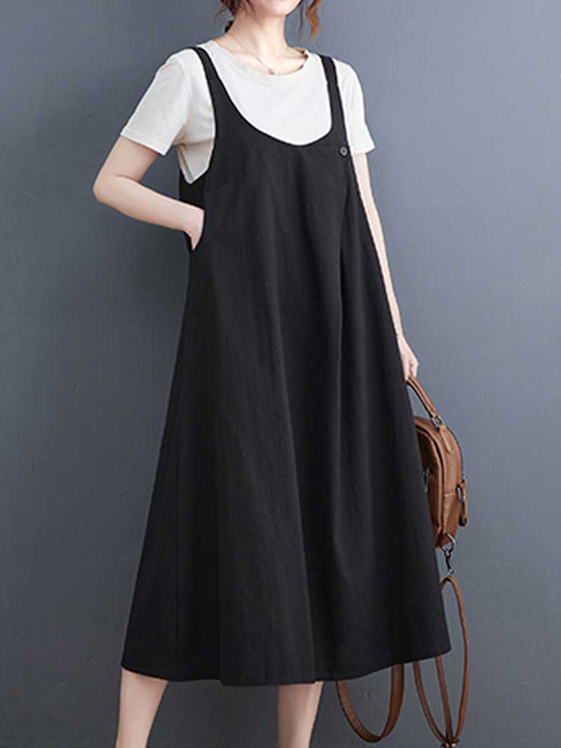 Wide Strap Cotton Loose A-Line Pinafore Midi Dress 6