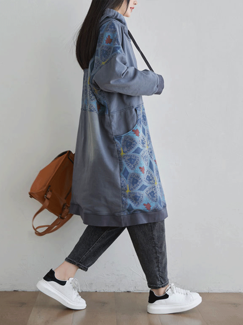 Hooded Drawstring Printed Pocket Sweatshirt Midi Dress 4