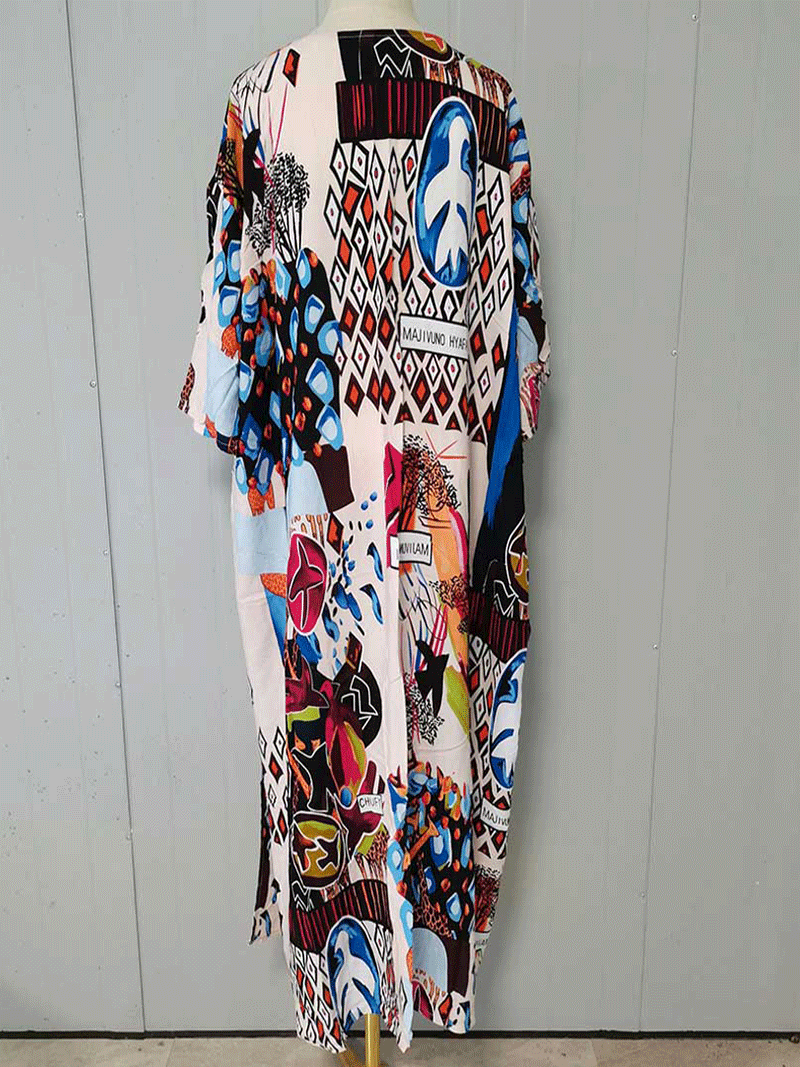 White Abstract Print Open Front Long Kimono Duster Robe
