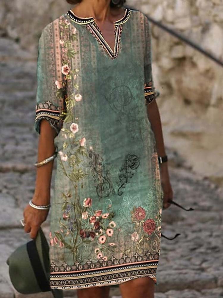 Vintage Watercolor Trimmed Shift Dress