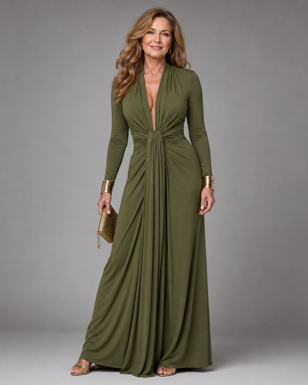 Green Plunge V-Neck Long Sleeve Draped Twist Front Maxi Gown