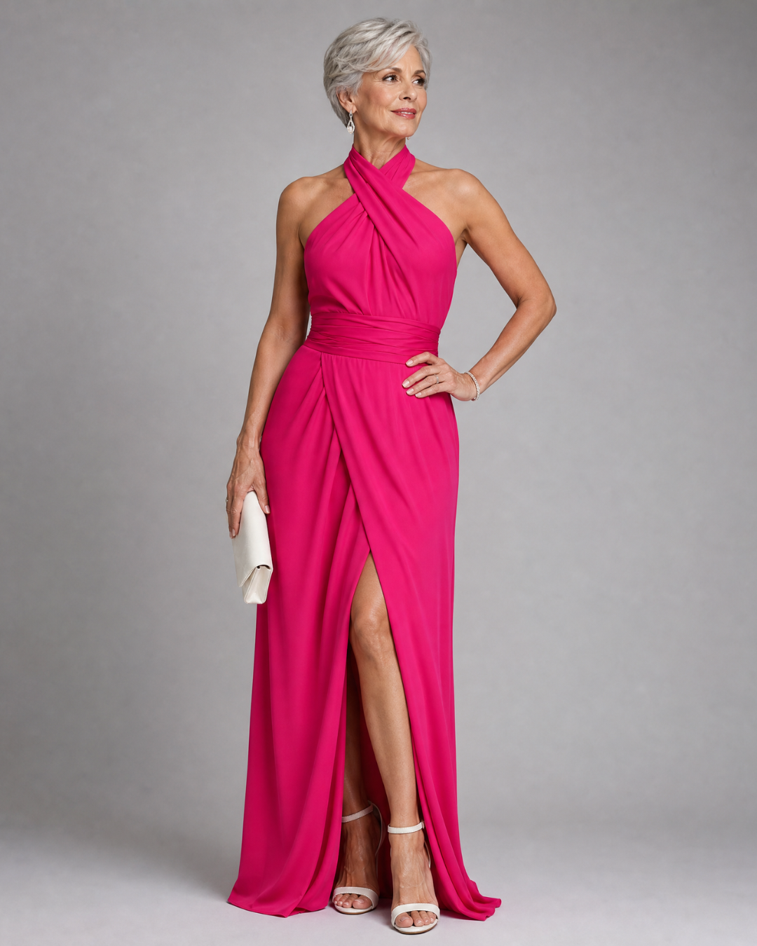 Cross Halter Ruched Waist High Slit Draped Maxi Gown