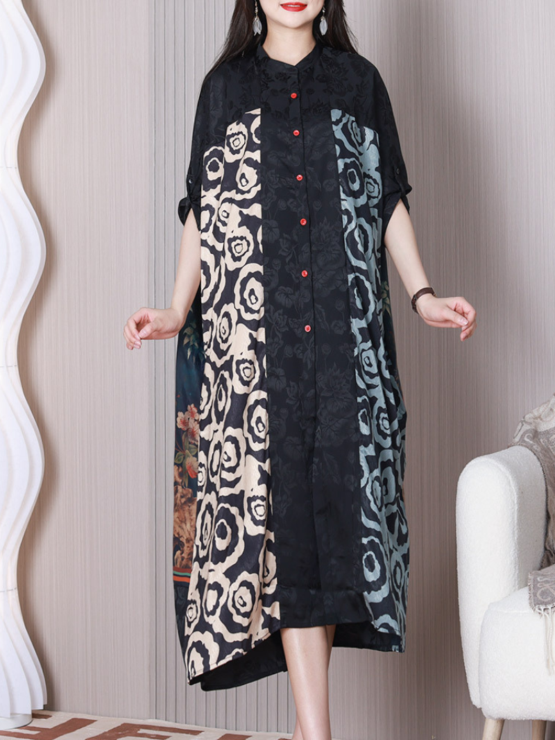 Black Stand Collar Button Front Floral Patchwork Short Sleeve Shirt Midi Dress