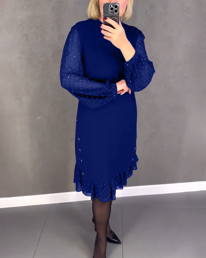 Round Neck Dot Mesh Sleeve Ruffle Hem Shift Midi Dress 12